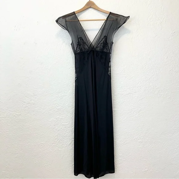 Vintage Sheer Black Mesh Satin Lingerie Nightgown Maxi Dress Goth Whimsigoth S/M - Picture 9 of 13